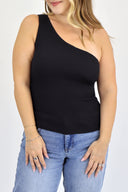 A model wearing, The Getaway One Shoulder Tank in black color.