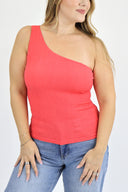A model wearing, The Getaway One Shoulder Tank in coral color.