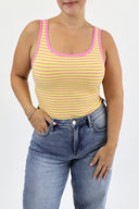 Model wearing The Striped Micro Ribbed Tank in yellow base with pink stripes.