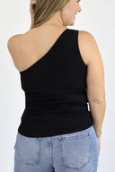 A model wearing, The Getaway One Shoulder Tank in black color. Back View.