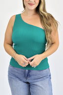 A model wearing, The Getaway One Shoulder Tank in teal color.