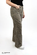 Model wearing Tummy Control Wide Leg in leopard wash with the finished hem at 32" inseam standard.