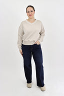 Model wearing Tummy Control Wide Leg dark wash in our 40" inseam cut to length.