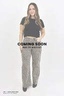 Model wearing Tummy Control Wide Leg in leopard wash with the 40" inseam cut to length option. (says "coming soon"over photo)