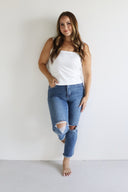 Ankle Crop Straight Jeans - Medium Stone Distressed