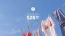 Image shows different AJ clothing items hung from clothes line. Text says: "The 250 Sale. $25 OFF Orders $100+
