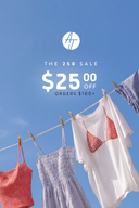 Image shows different AJ clothing items hung from clothes line. Text says: "The 250 Sale. $25 OFF Orders $100+