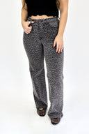 model wearing AJ Tummy Control Wide Leg in Grey Leopard wash.