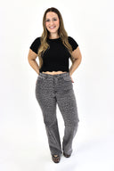 model wearing AJ Tummy Control Wide Leg in Grey Leopard wash.