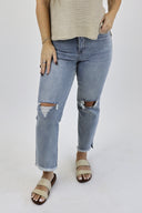 Ankle Crop Straight Jeans - Light Wash Distressed