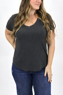 Model wearing AJ Basic V-Neck Tee in graphite.