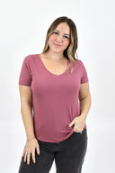 Model wearing AJ Basic V-Neck Tee in mauve