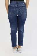 Cross Button Ankle Crop Slim Straight Jeans - Dark Wash