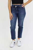 Cross Button Ankle Crop Slim Straight Jeans - Dark Wash