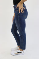 Cross Button Ankle Crop Slim Straight Jeans - Dark Wash