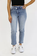 Cross Button Ankle Crop Slim Straight Jeans - Vintage Wash