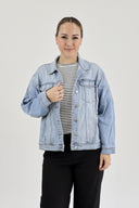 Model wearing RFM Boyfriend Denim Jacket in Light Wash.