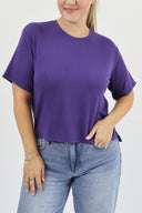Model wearing Everyday Tee in Eggplant color.