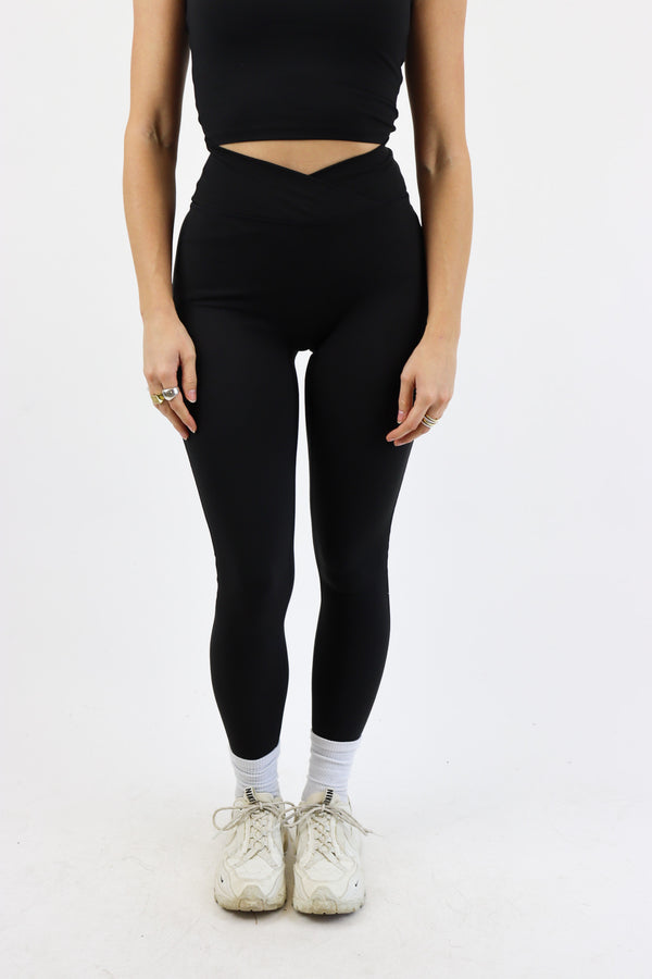 Tummy Control Crossover Leggings - Black / XS