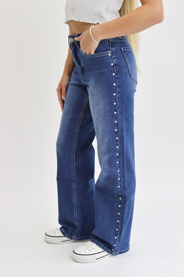 Wide Leg Jeans - Medium Wash - Studded - Medium Wash - Studded / 00