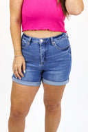 Tummy Control Denim Midi Shorts by AJ