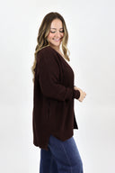 Model Wearing Knit Cardigan in brown