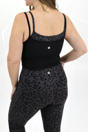 Model wearing AJ Layered Cami in Grey Leopard with Black overtop.