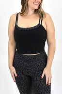 Model wearing AJ Layered Cami in Grey Leopard with Black overtop.