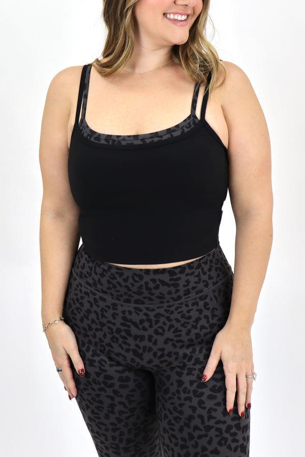 Double Layer Cropped Tank - Black W/ Grey Leopard / S