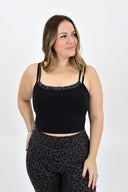 Model wearing AJ Layered Cami in Grey Leopard with Black overtop.