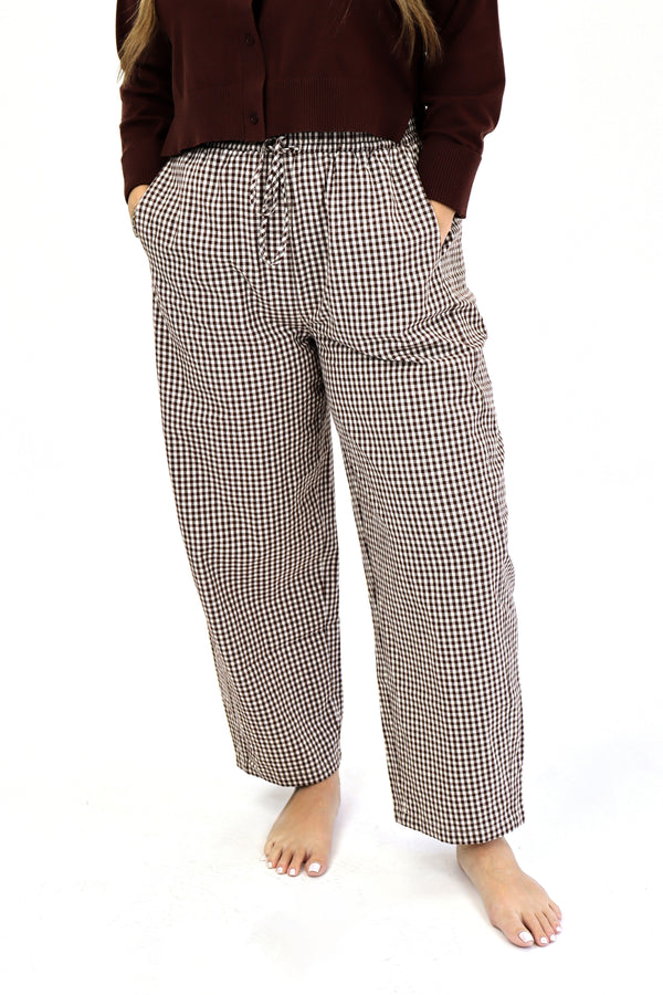 Linen Barrel Pants - Brown and White Gingham / M