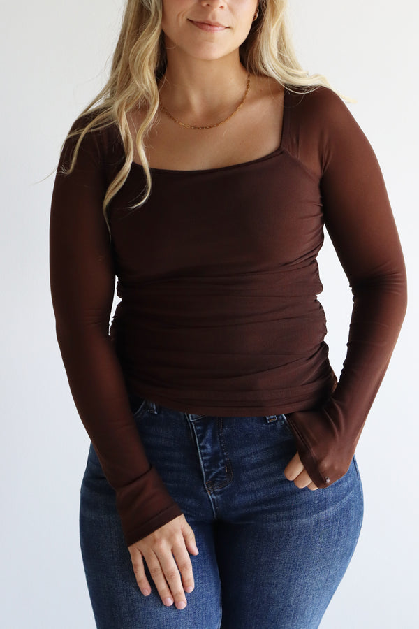 Mesh Long Sleeve Top - Espresso / XXS | XS