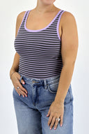 Model wearing The Striped Micro Ribbed Tank in grey base with purple stripes.