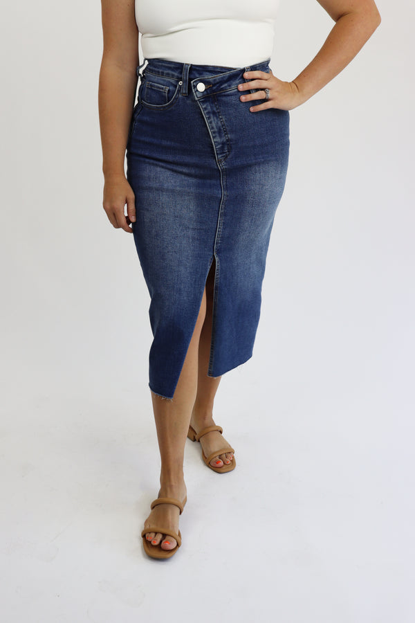 Mid Length Denim Skirt - Crossover Button - Medium Wash / XS
