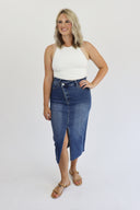 Mid Length Denim Skirt - Crossover Button