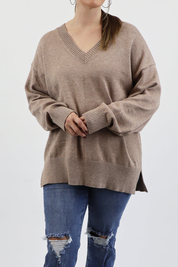Oversized V Neck Sweater - Tan / S | M
