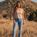 Model Wearing Cloud Tank and TC Straight Leg Jeans - Light Wash Distressed. SHOP THE LOOK image with indicators connecting to shop-able links.