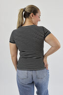 Back shot of woman in black and white striped, ribbed, full length, short sleeve, crewneck tee