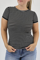 Front shot of woman in grey and grey striped, ribbed, full length, short sleeve, crewneck tee