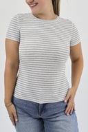 Front shot of woman in grey and grey striped, ribbed, full length, short sleeve, crewneck tee
