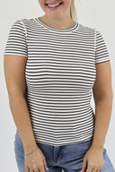 Front shot of woman in white and black striped, ribbed, full length, short sleeve, crewneck tee