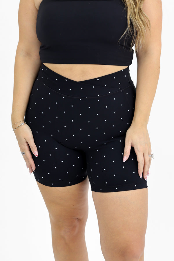 Tummy Control Crossover Biker Short - Black w/ White Polka Dots / XS