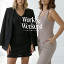Two women modeling outfits with 'Work To Weekend Collection' text overlay.