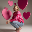 Model wearing , Luxe Crew Neck Sweater in Pink Checkers. Crouched down between floating pink hearts. Image links to our Instagram. @alexanderjaneboutique