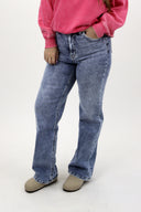 Model wearing Tummy Control Wide Leg Jeans by RFM - acid wash