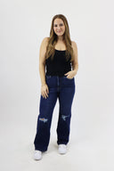 Wide Leg Jeans - Dark Wash Distressed