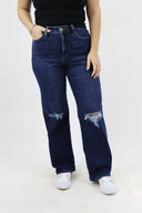 Wide Leg Jeans - Dark Wash Distressed