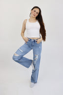 Wide Leg Jeans - Medium Light Distressed