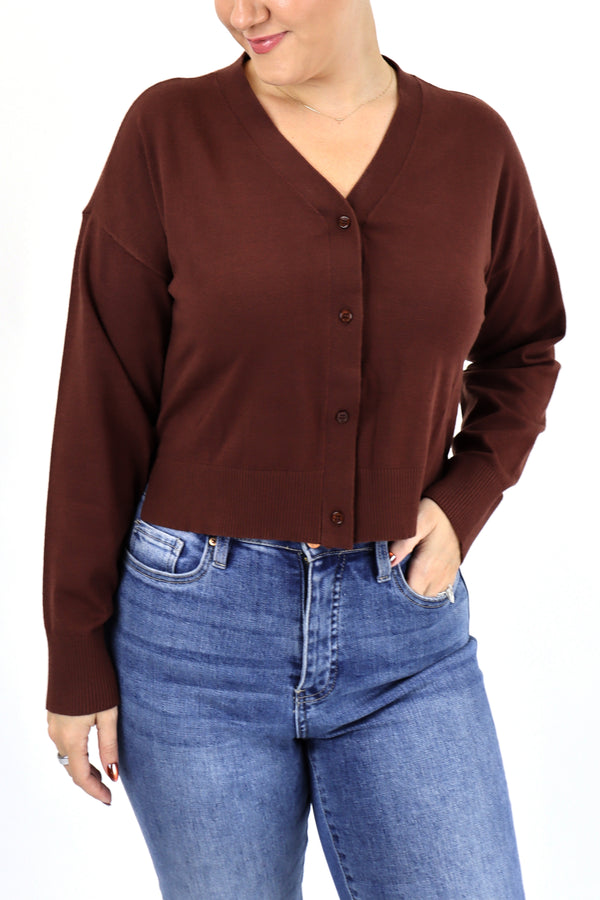 Cropped V-Neck Cardigan - Brown / 3X | 4X