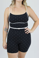 Model wearing Contour Tank with black and white micro polka dots front shot.